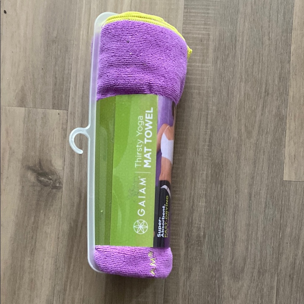 GAIAM Thirsty Yoga Mat Towel in Purple & Yellow. 24” x 68” Good for heated yoga